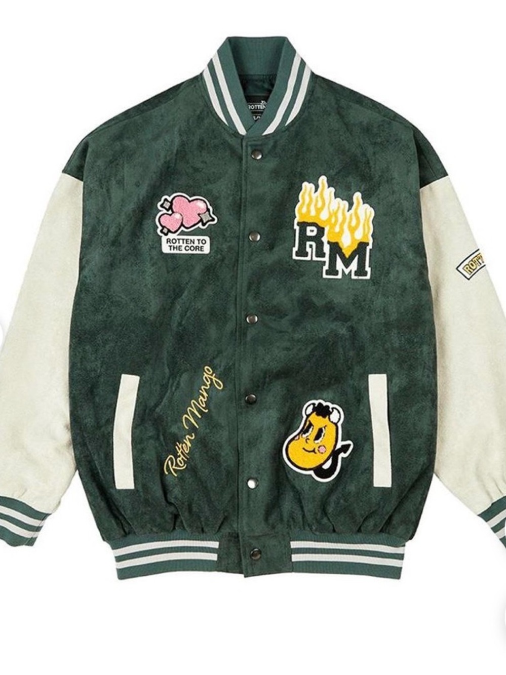 Stephanie Soo Rotten Mango Dark Green and Cream Patchwork Varsity Bomber Jacket